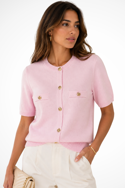Women's pink short sleeve knit summer cardigan with gold buttons