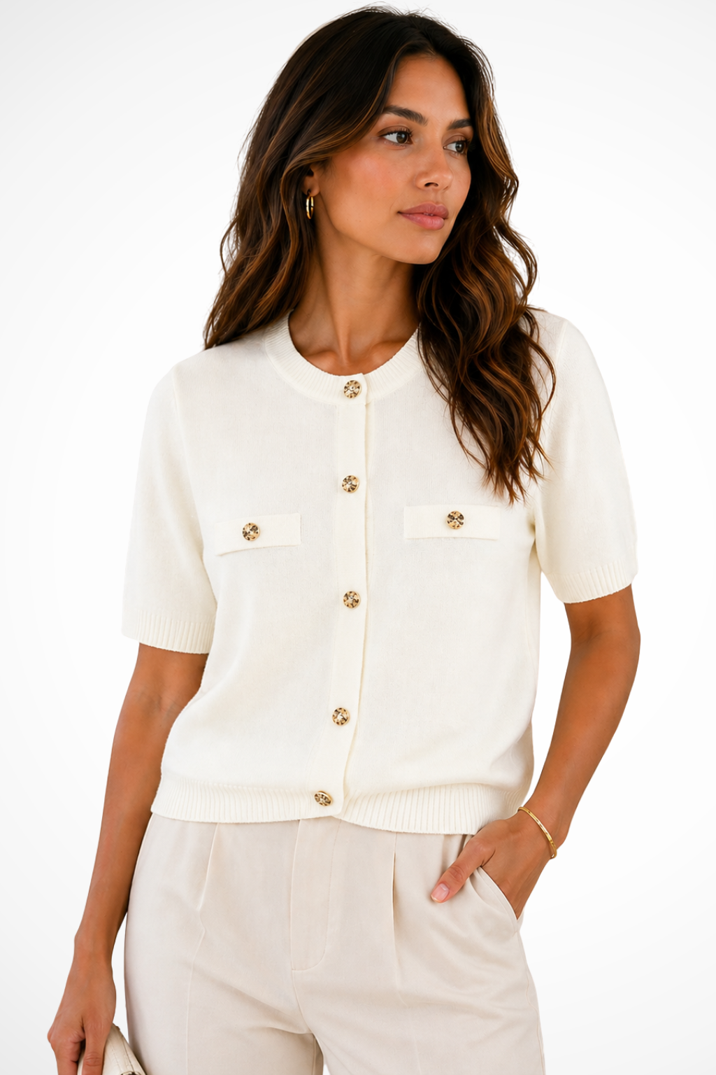 Women's ivory short sleeve knit summer cardigan with gold buttons