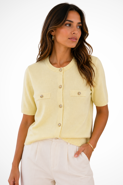 Women's yellow short sleeve knit summer cardigan with gold buttons