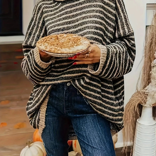 Women's Striped High-Neck Sweater, Relaxed Knit Top