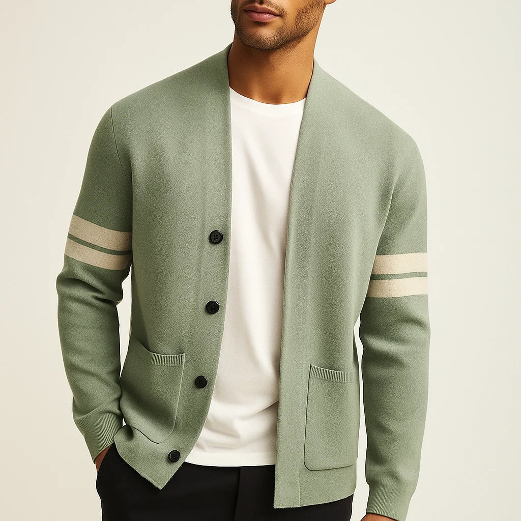 Easton wool cardigan with sleeve stripe, front view