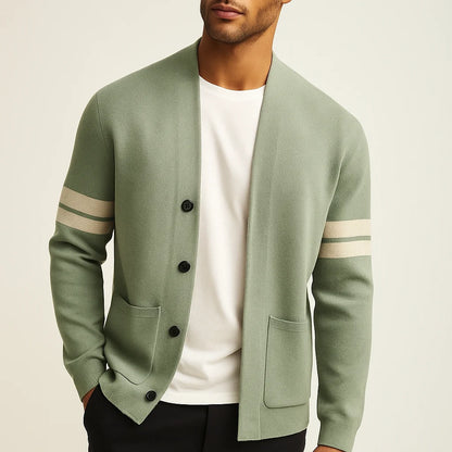 Easton wool cardigan with sleeve stripe, front view