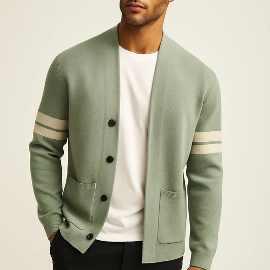 Easton wool cardigan with sleeve stripe, front view