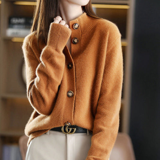 Women's brown button front high neck knit cardigan sweater