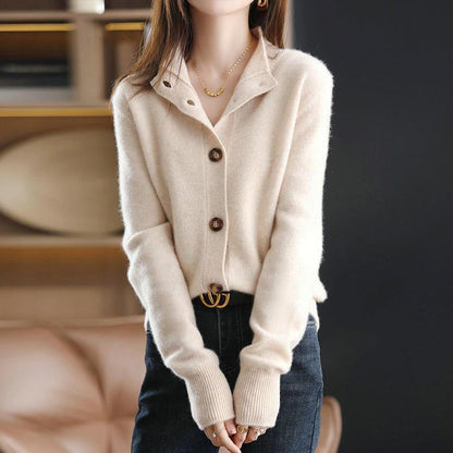 Women's brown button front high neck knit cardigan sweater