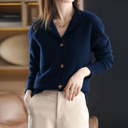 Women's brown button front high neck knit cardigan sweater