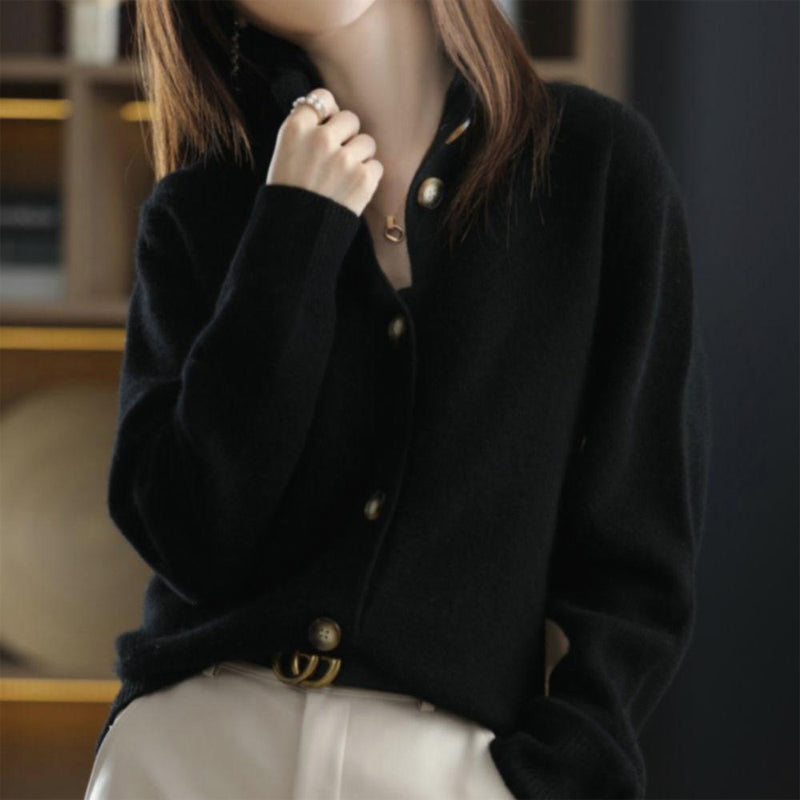 Women's brown button front high neck knit cardigan sweater