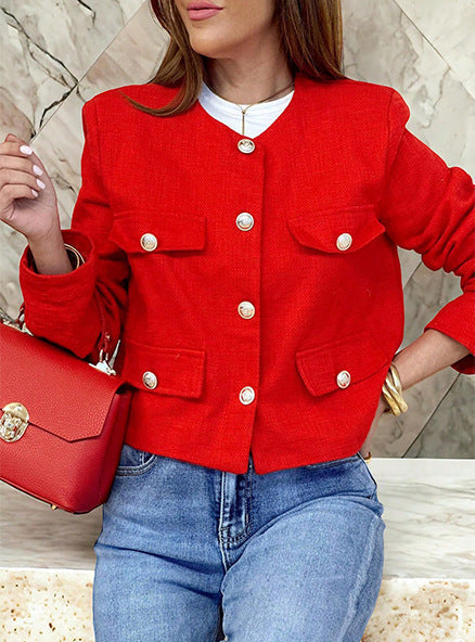 Red Structured Cropped Vintage Jacket with Button Front
