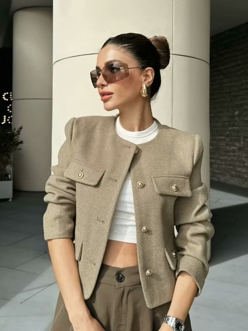 Olive Structured Cropped Vintage Jacket with Button Front