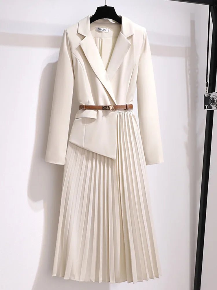 Women's beige belted blazer dress with pleated midi skirt