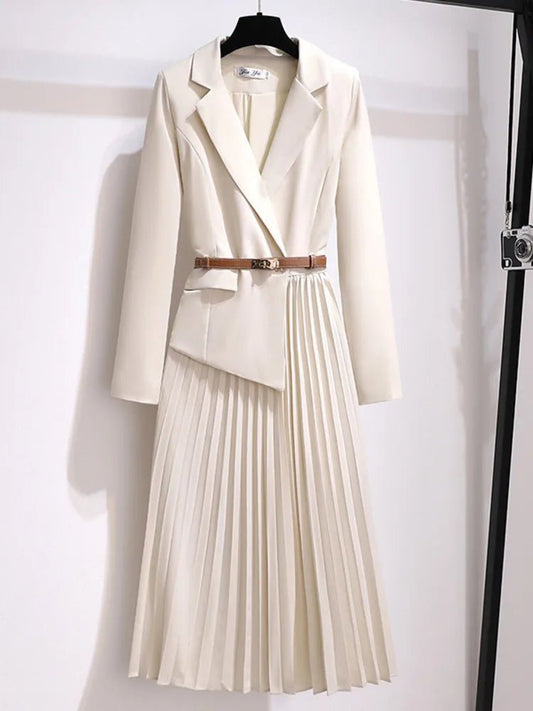 Women's beige belted blazer dress with pleated midi skirt