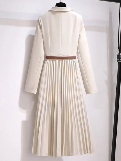 Women's beige belted blazer dress with pleated midi skirt