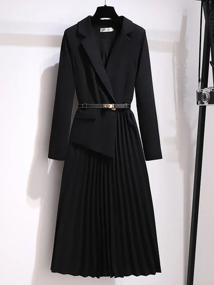 Women's beige belted blazer dress with pleated midi skirt