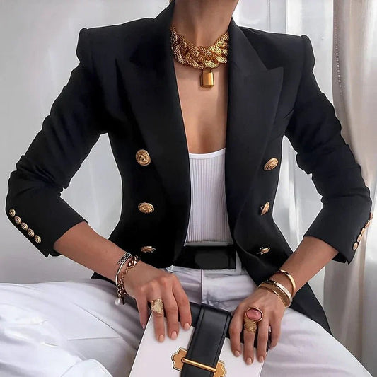 Women's black double breasted blazer with gold buttons