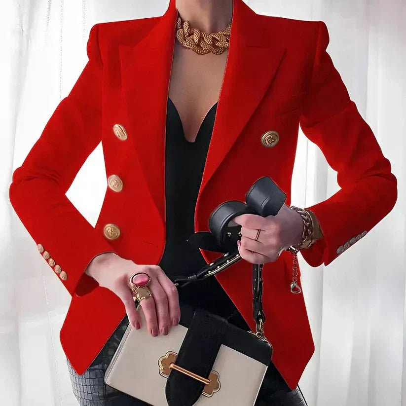 Women's black double breasted blazer with gold buttons
