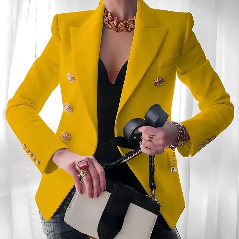 Women's black double breasted blazer with gold buttons