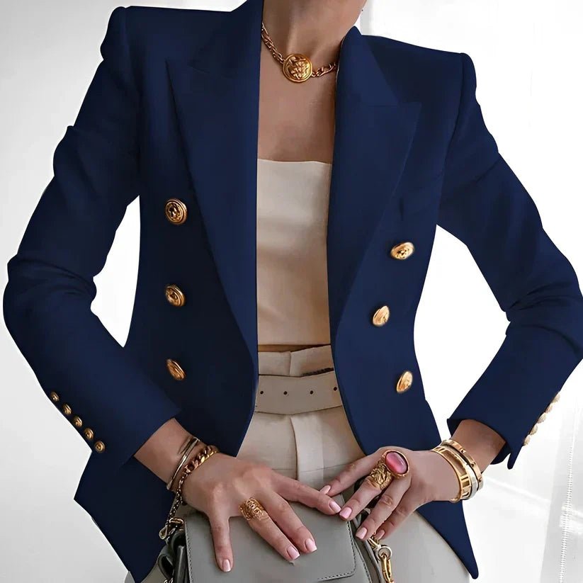 Women's black double breasted blazer with gold buttons