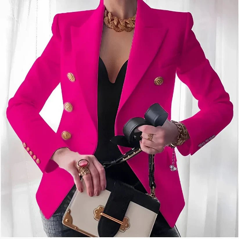 Women's black double breasted blazer with gold buttons