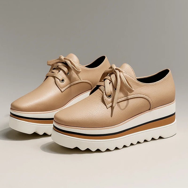 Women's beige lace-up platform oxford shoes with striped wedge sole
