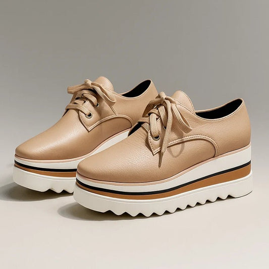 Women's beige lace-up platform oxford shoes with striped wedge sole
