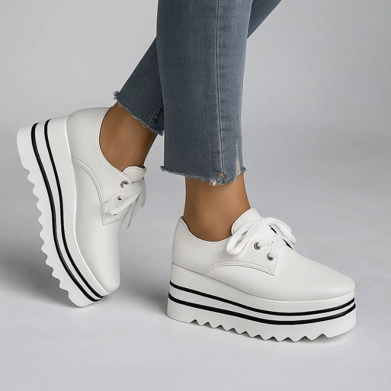 Women's beige lace-up platform oxford shoes with striped wedge sole