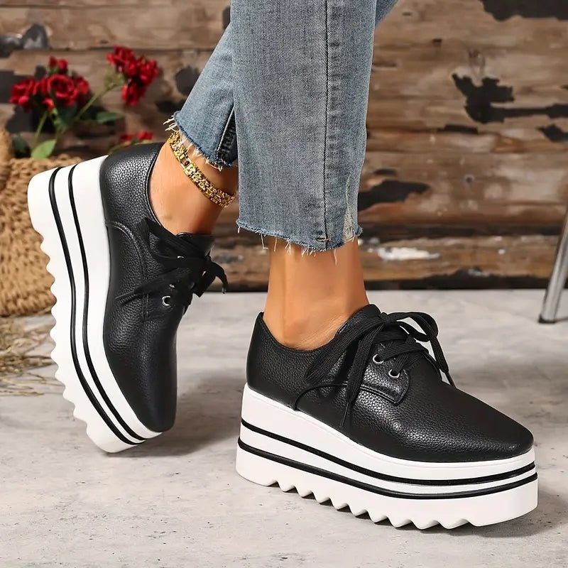 Women's beige lace-up platform oxford shoes with striped wedge sole