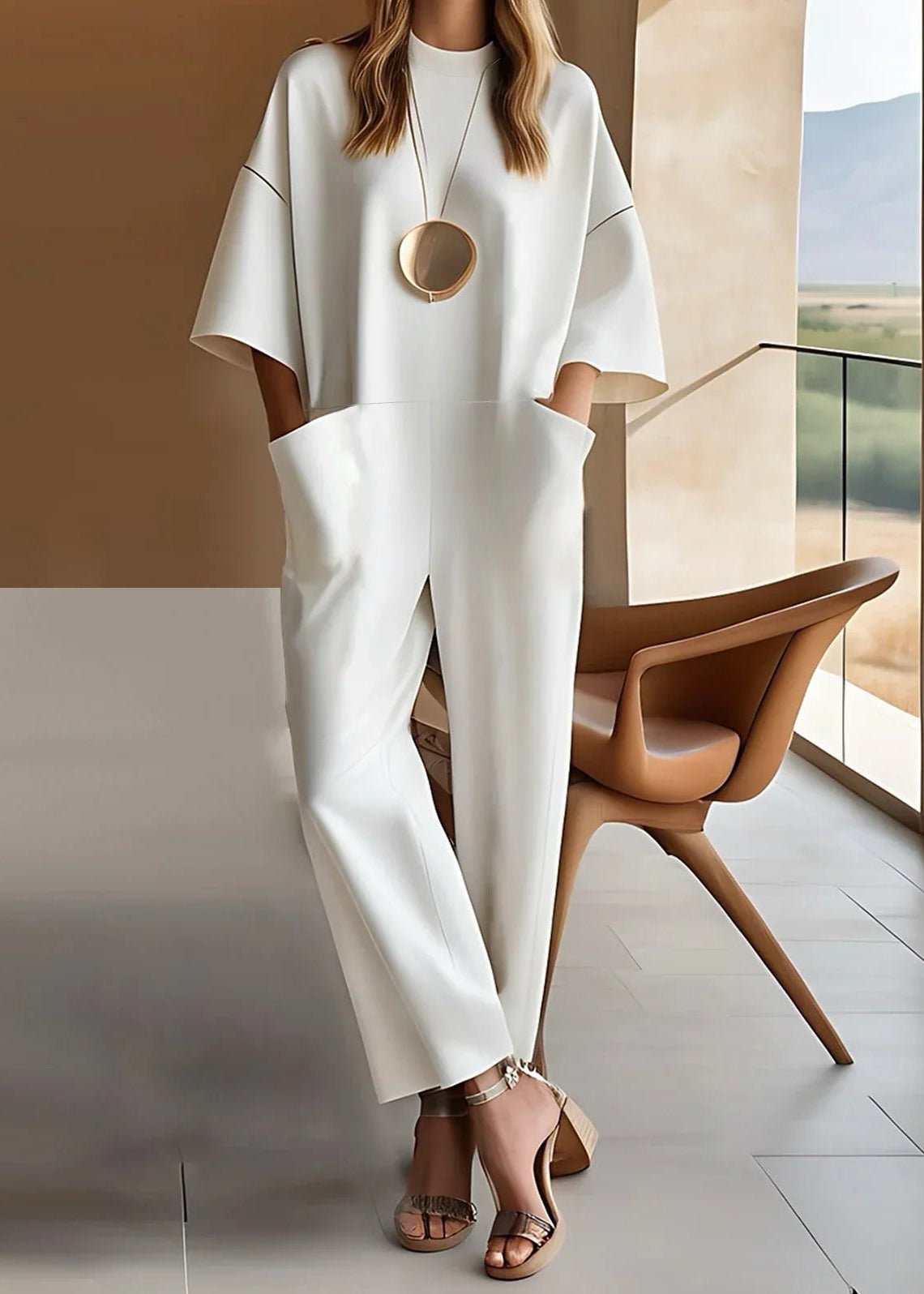Women's white wide leg jumpsuit with crew neck and pockets