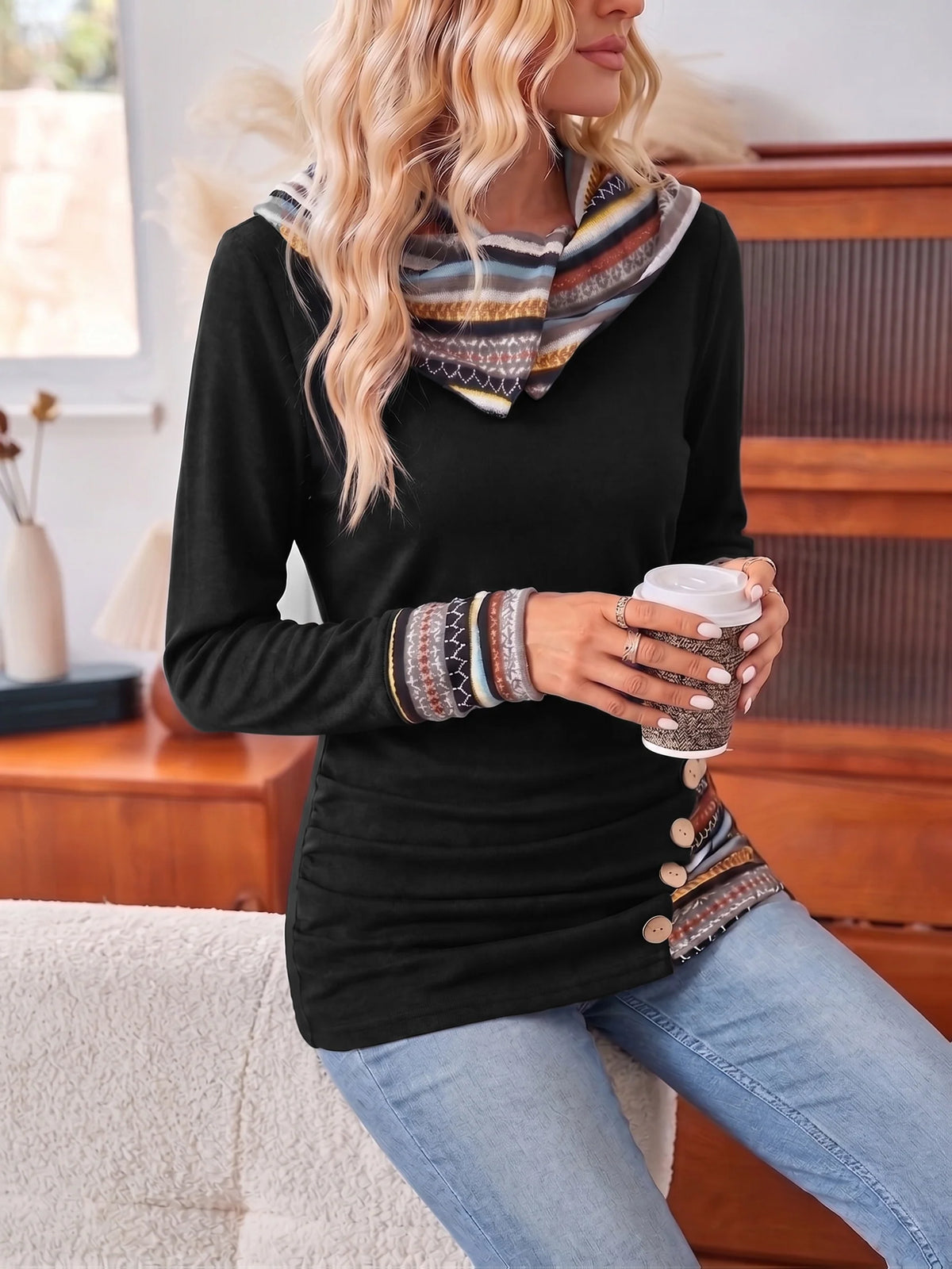 Women's Patchwork Hoodie, Patterned Fall Pullover