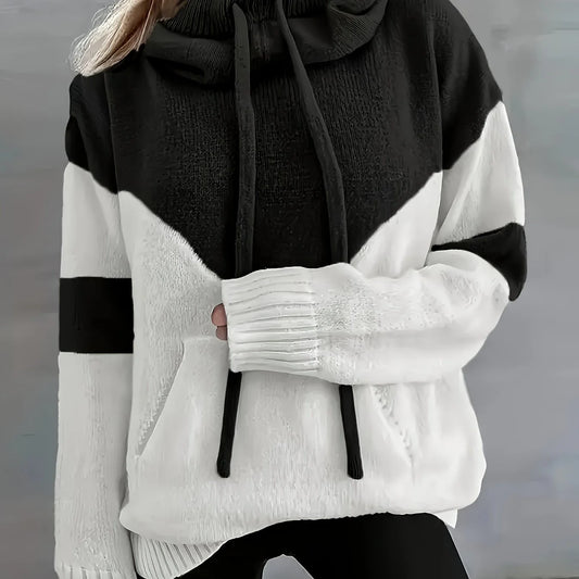 Women's Color-Block Hooded Pullover, Winter Knit Top