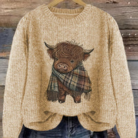 Harper | Relaxed Highland Cow Print Crewneck Sweater