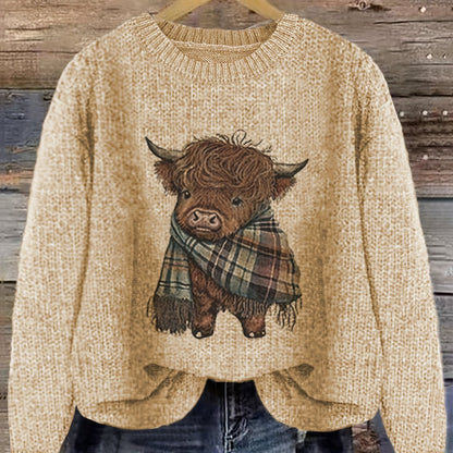 Apricot Relaxed Highland Cow Print Crewneck Sweater