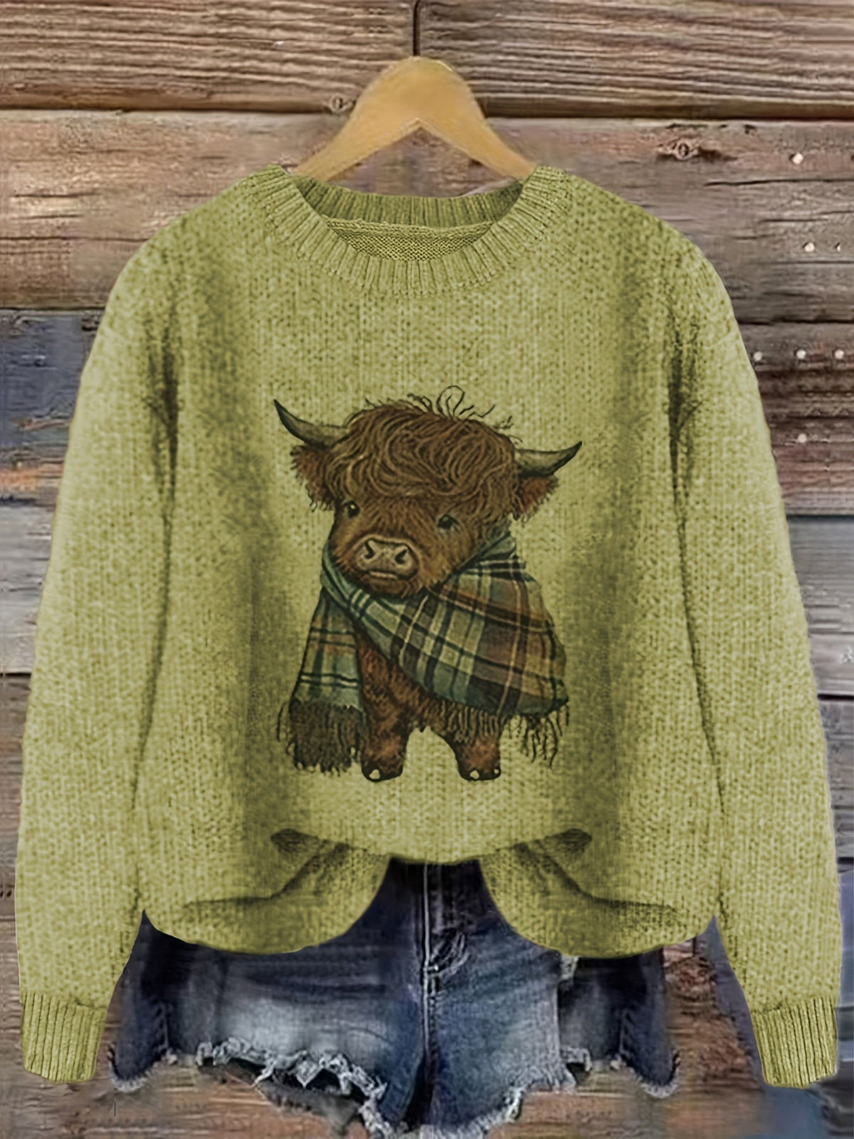 Relaxed Highland Cow Print Crewneck Sweater