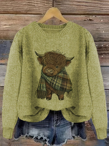Relaxed Highland Cow Print Crewneck Sweater