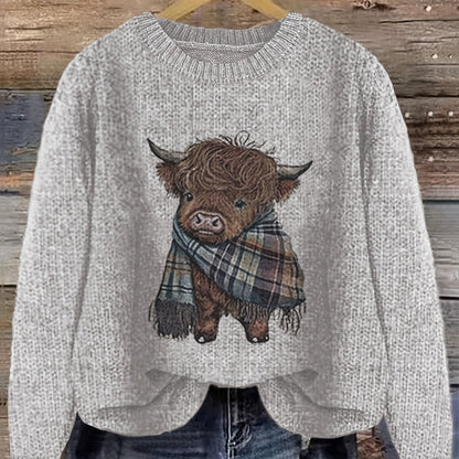 Light Grey Relaxed Highland Cow Print Crewneck Sweater