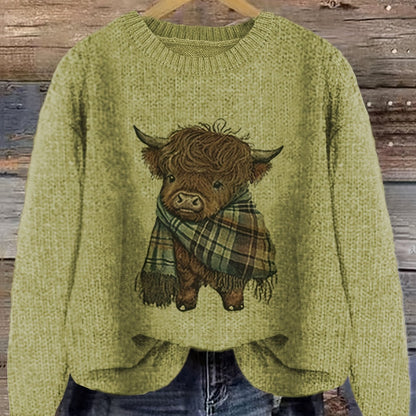 Green Relaxed Highland Cow Print Crewneck Sweater