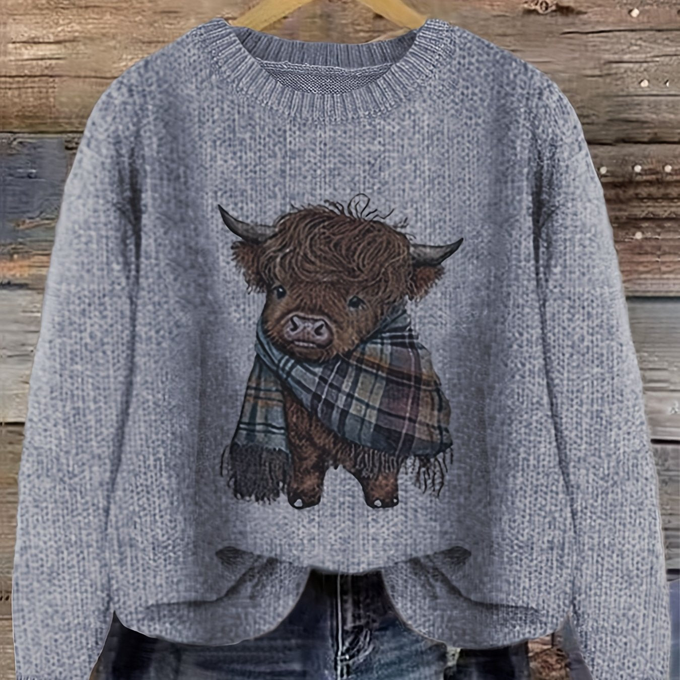 Blue Relaxed Highland Cow Print Crewneck Sweater