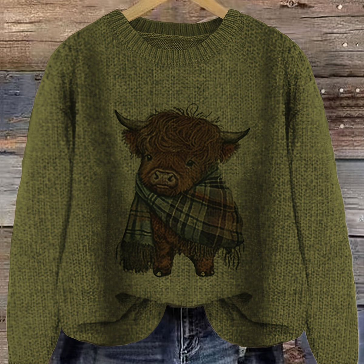 Olive Green Relaxed Highland Cow Print Crewneck Sweater
