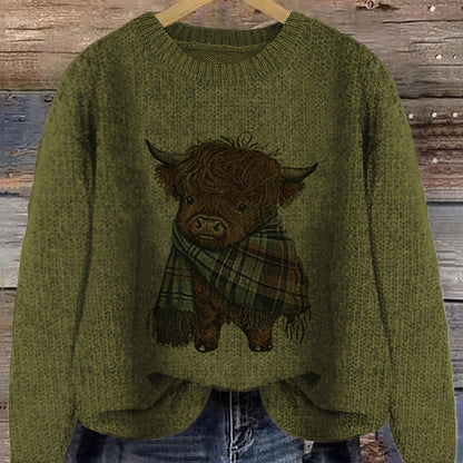Olive Green Relaxed Highland Cow Print Crewneck Sweater