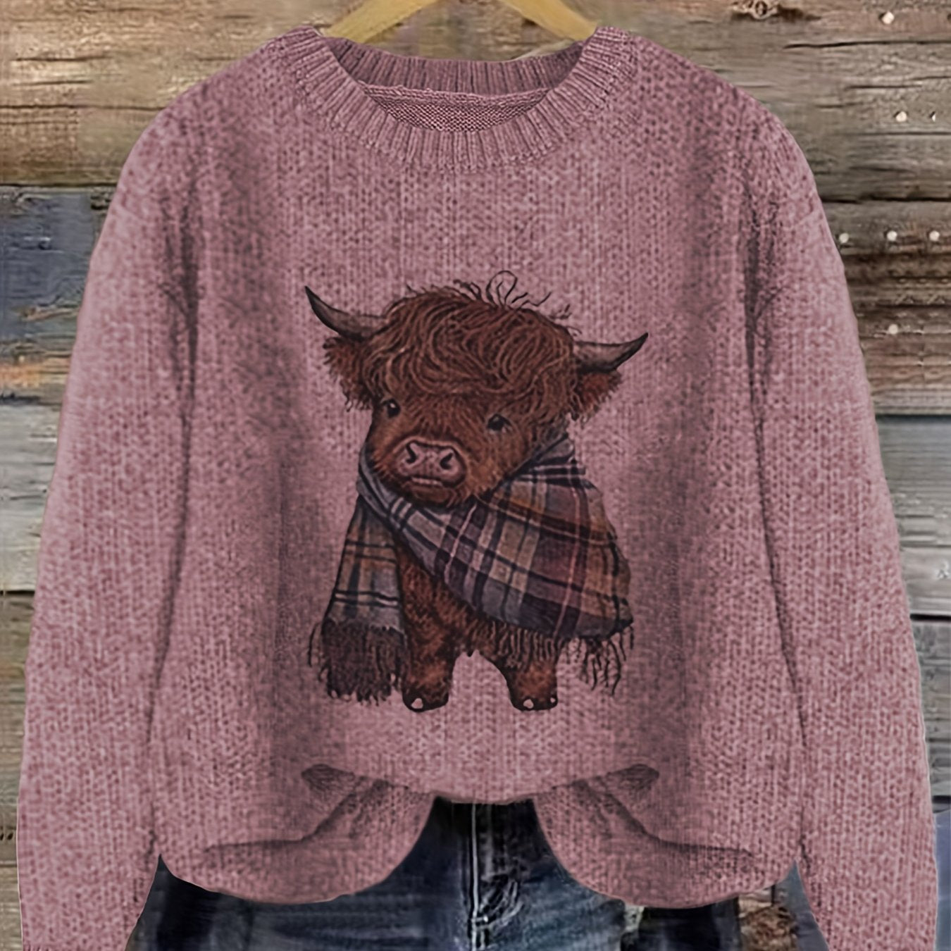 Purple Relaxed Highland Cow Print Crewneck Sweater