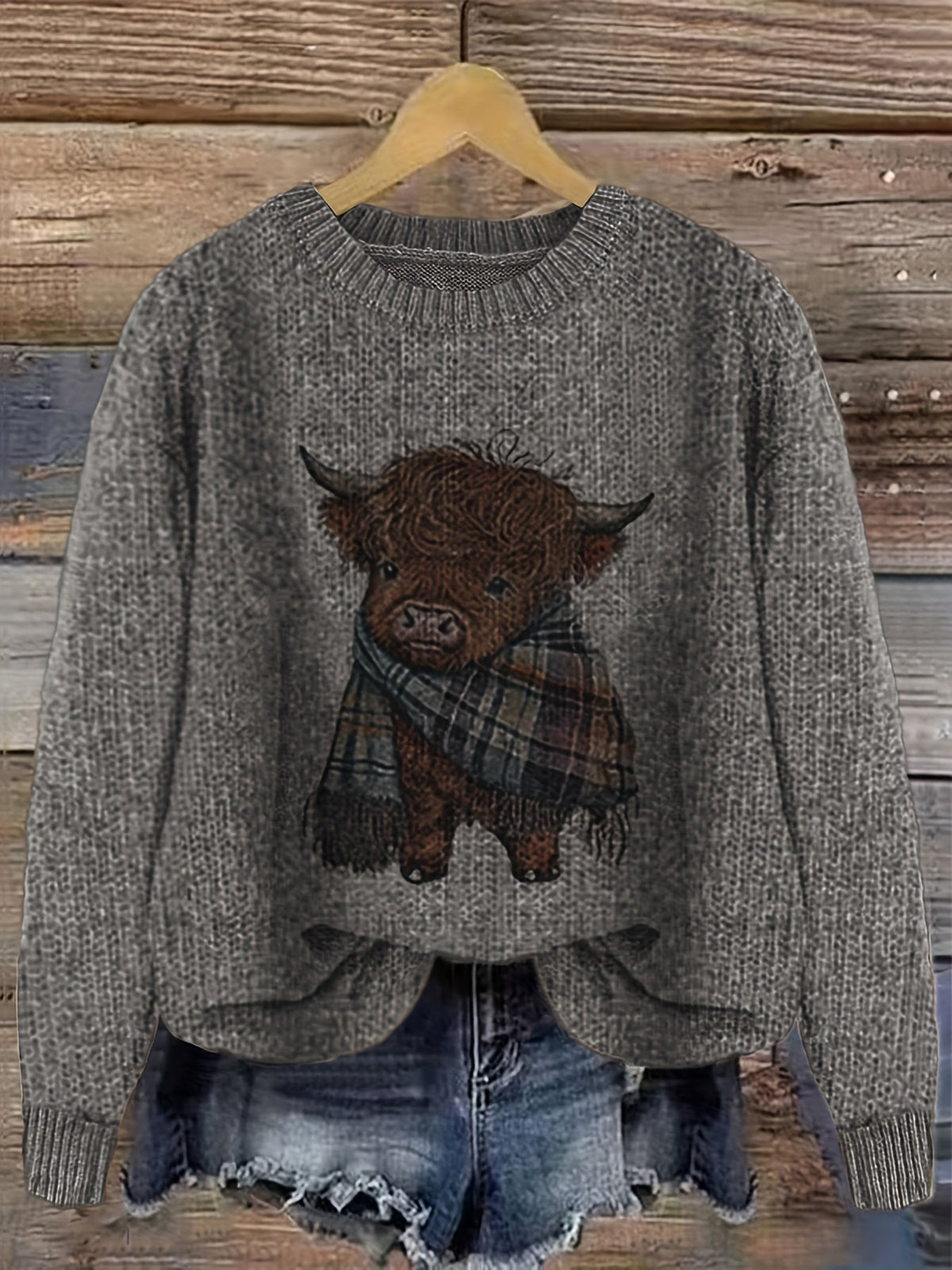 Relaxed Highland Cow Print Crewneck Sweater – view 2
