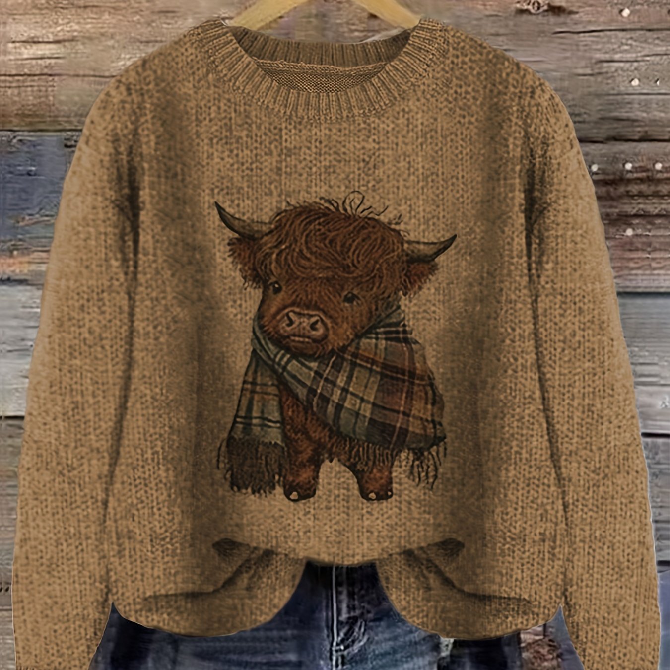 Dark Brown Relaxed Highland Cow Print Crewneck Sweater