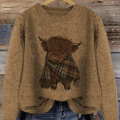 Dark Brown Relaxed Highland Cow Print Crewneck Sweater