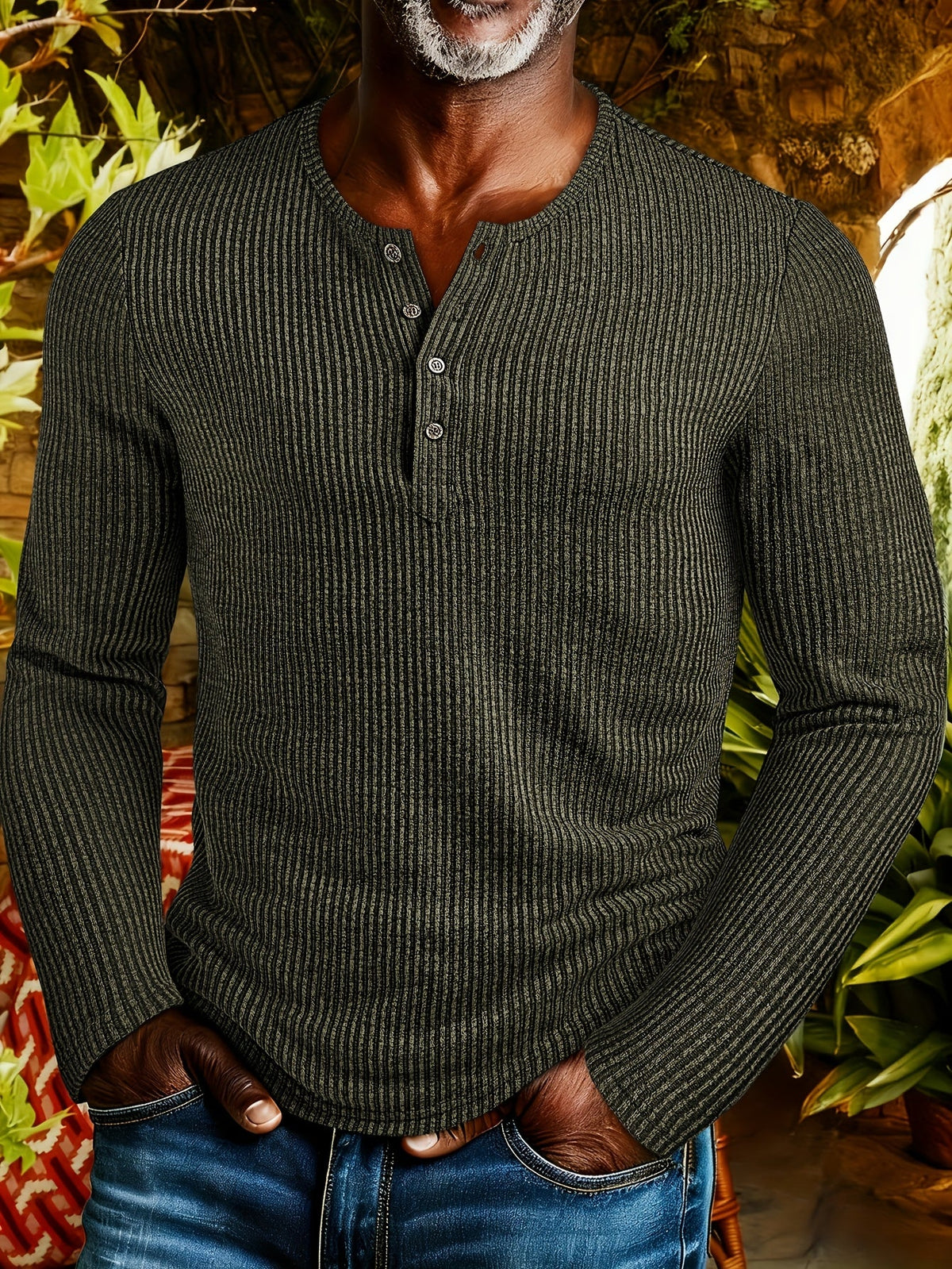 Men's Ribbed Henley with Round Neckline