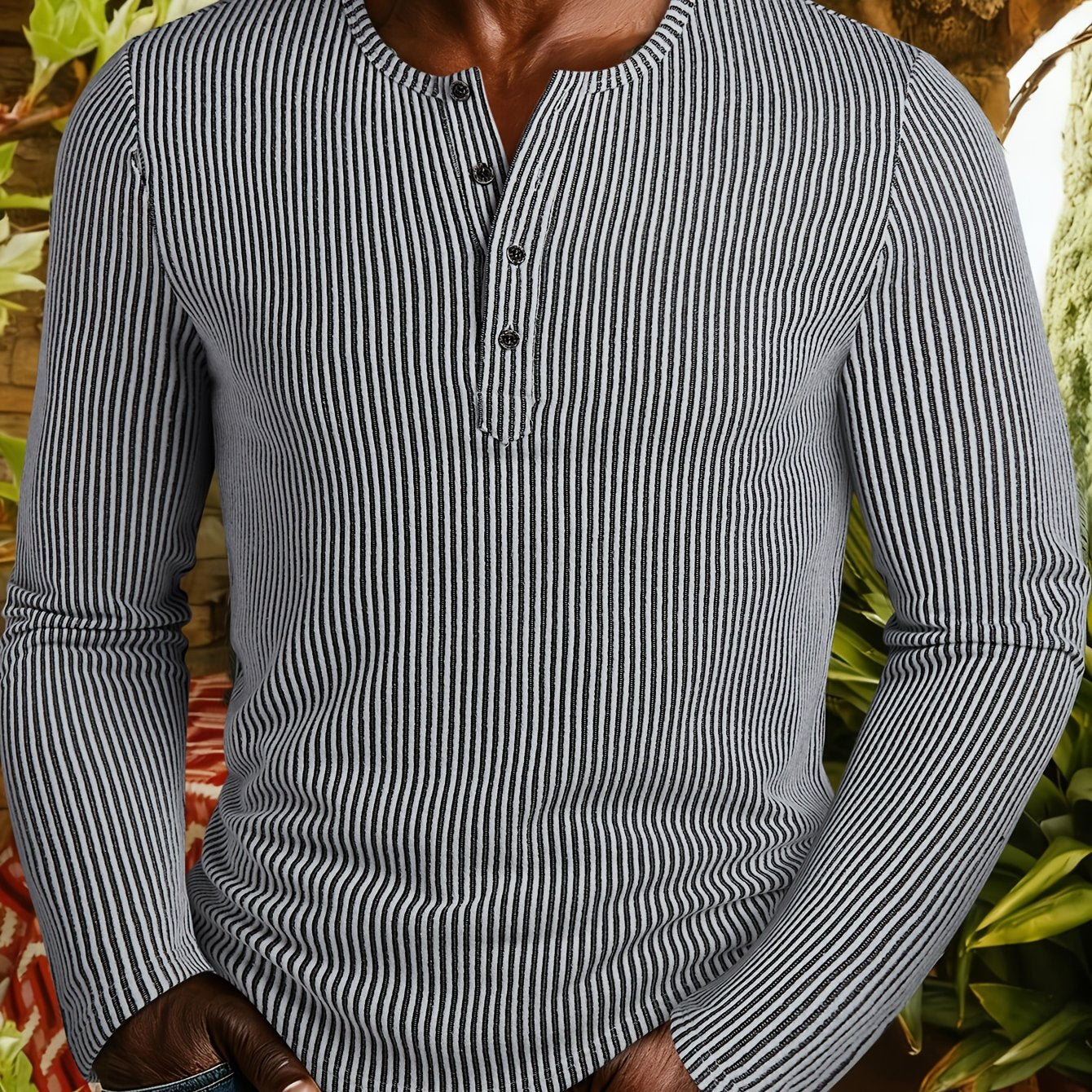 White Men's Ribbed Henley with Round Neckline