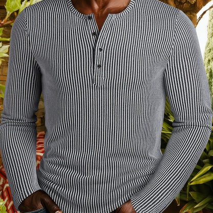 White Men's Ribbed Henley with Round Neckline
