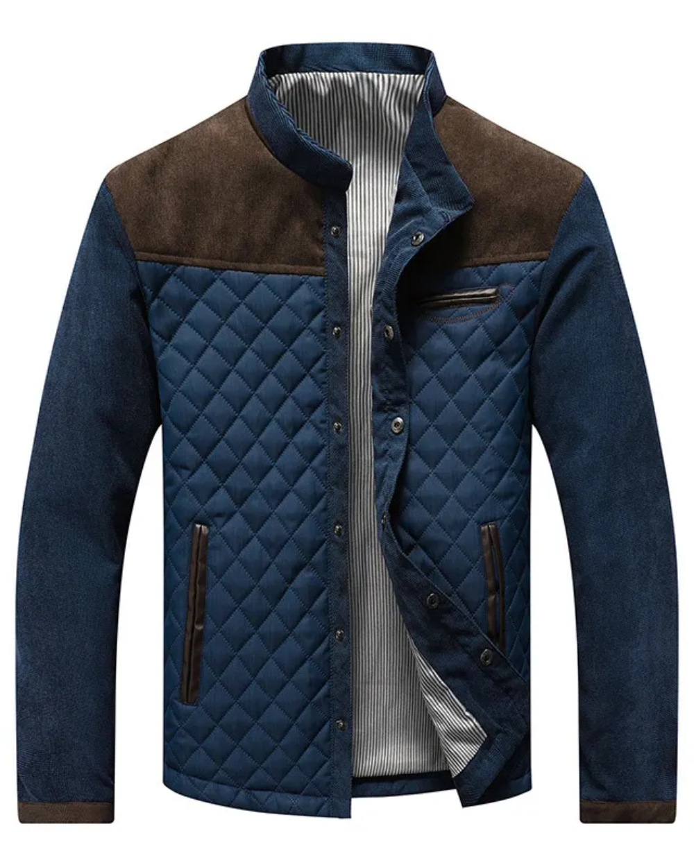 Men's quilted stand-collar jacket with corduroy trim in brown
