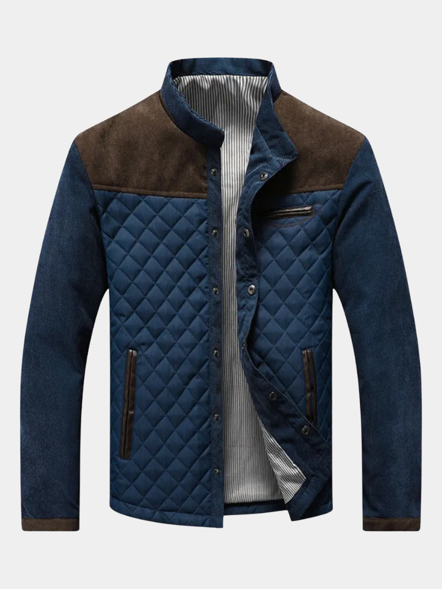 Men's quilted stand-collar jacket with corduroy trim in brown