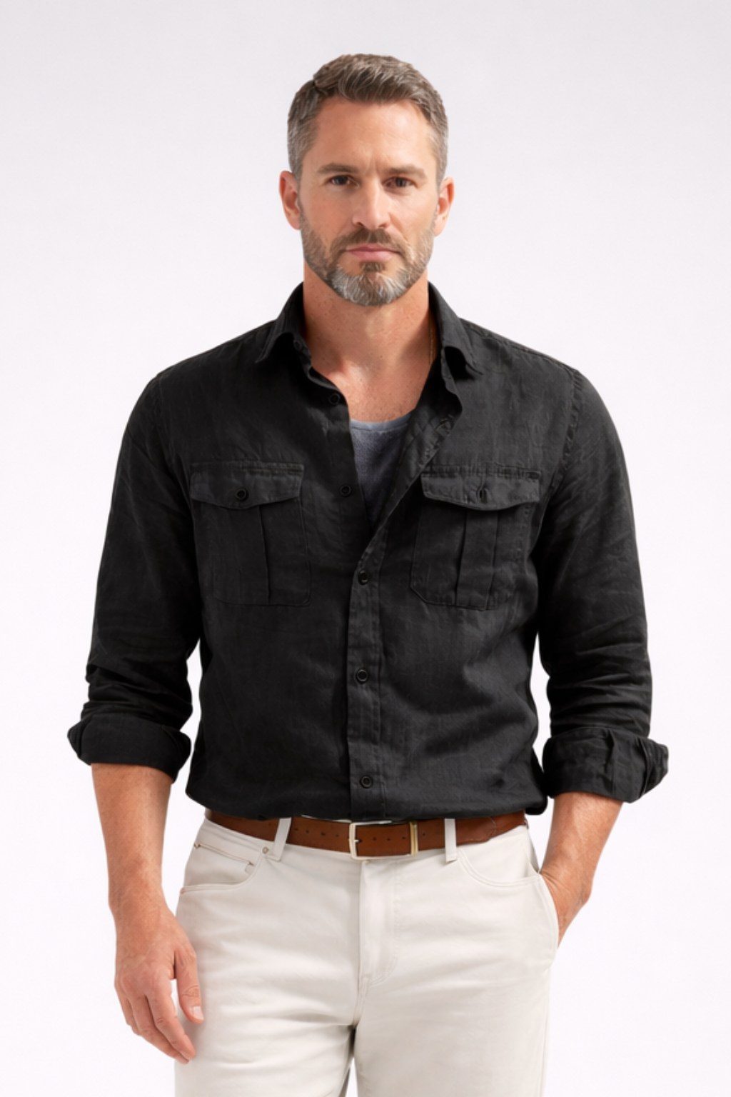 Men's black cotton linen long sleeve casual shirt