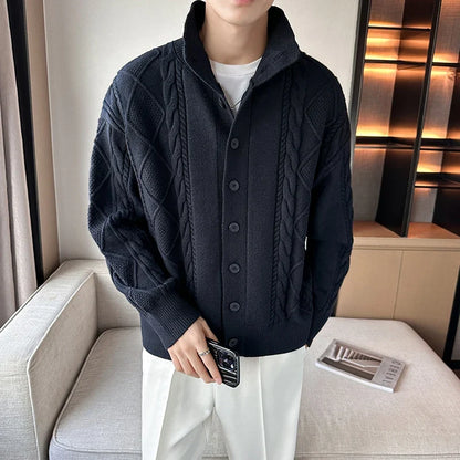 Men's navy blue wool cardigan sweater