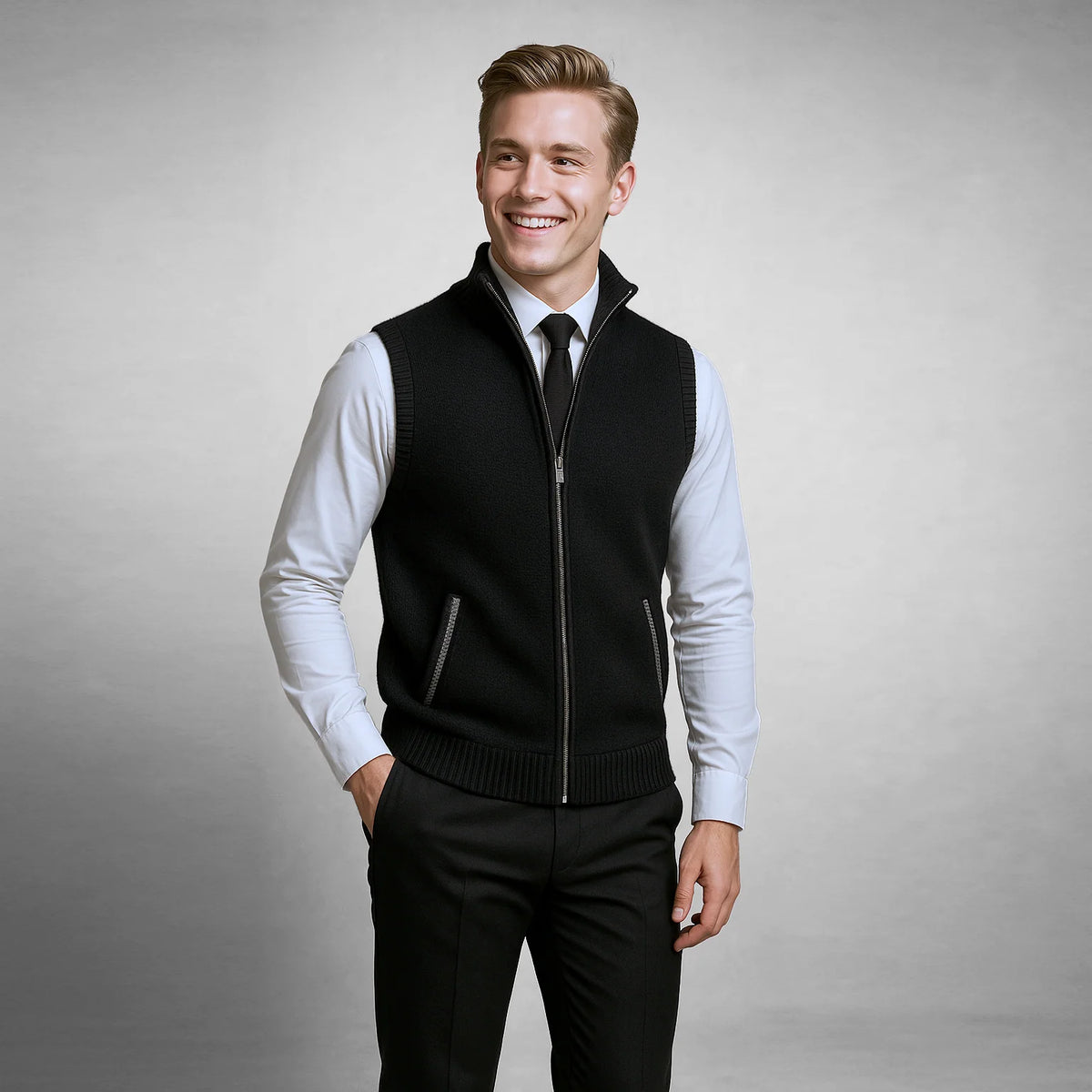 Gabriel lambswool gilet worn, lifestyle shot